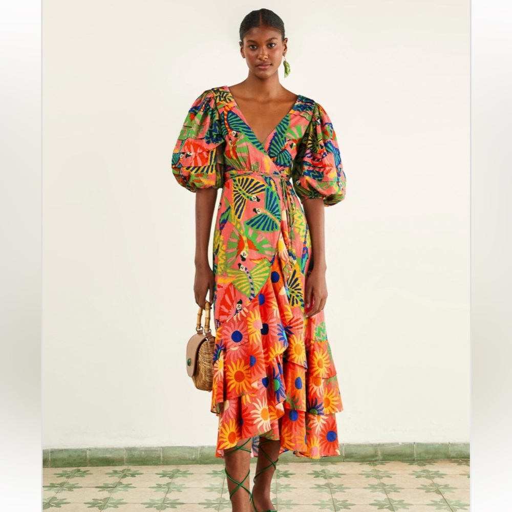 FARM RIO Coral Mixed Graphic Macaws Puff Sleeve Midi Dress (NWT)